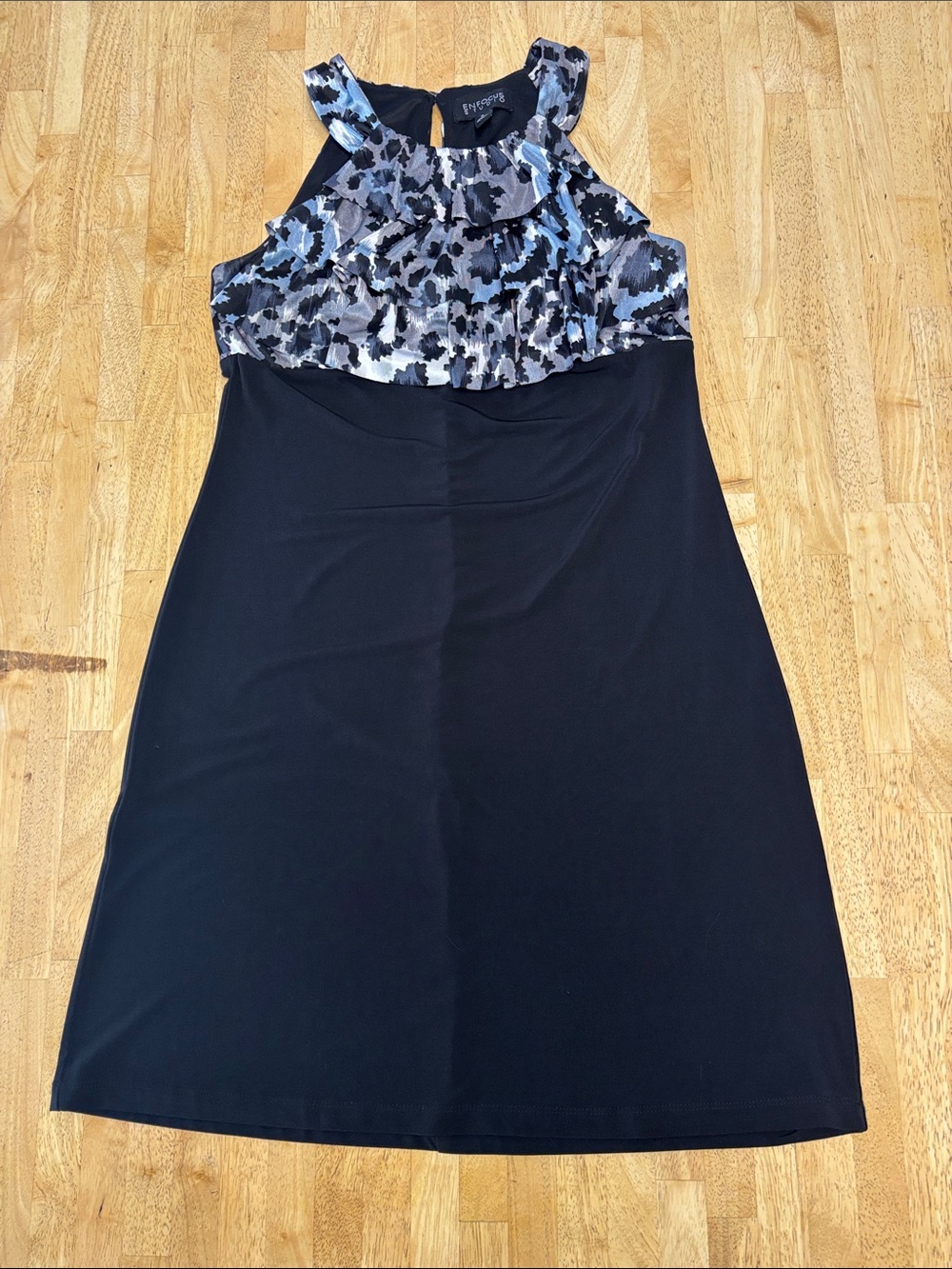 Enfocus Studio Black Mini Dress with Blue Gray Printed Bodice